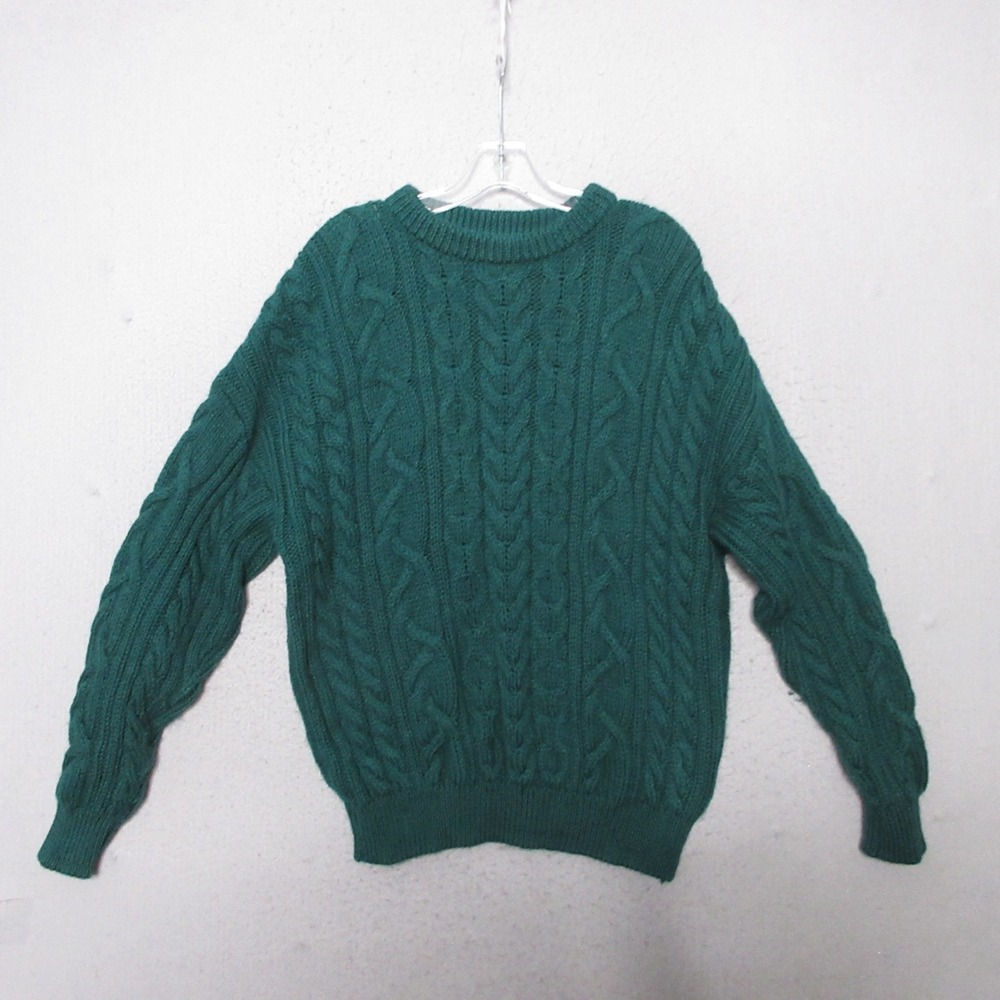 British Wool Naturally Sweater Jumper Green Cable Knit Fisherman Chunky Knit